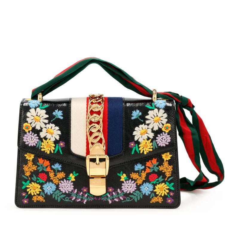 Gucci
Black and Multicolor Floral Embroidered Crinkled Patent Leather Sylvie Top Handle Gold Hardware