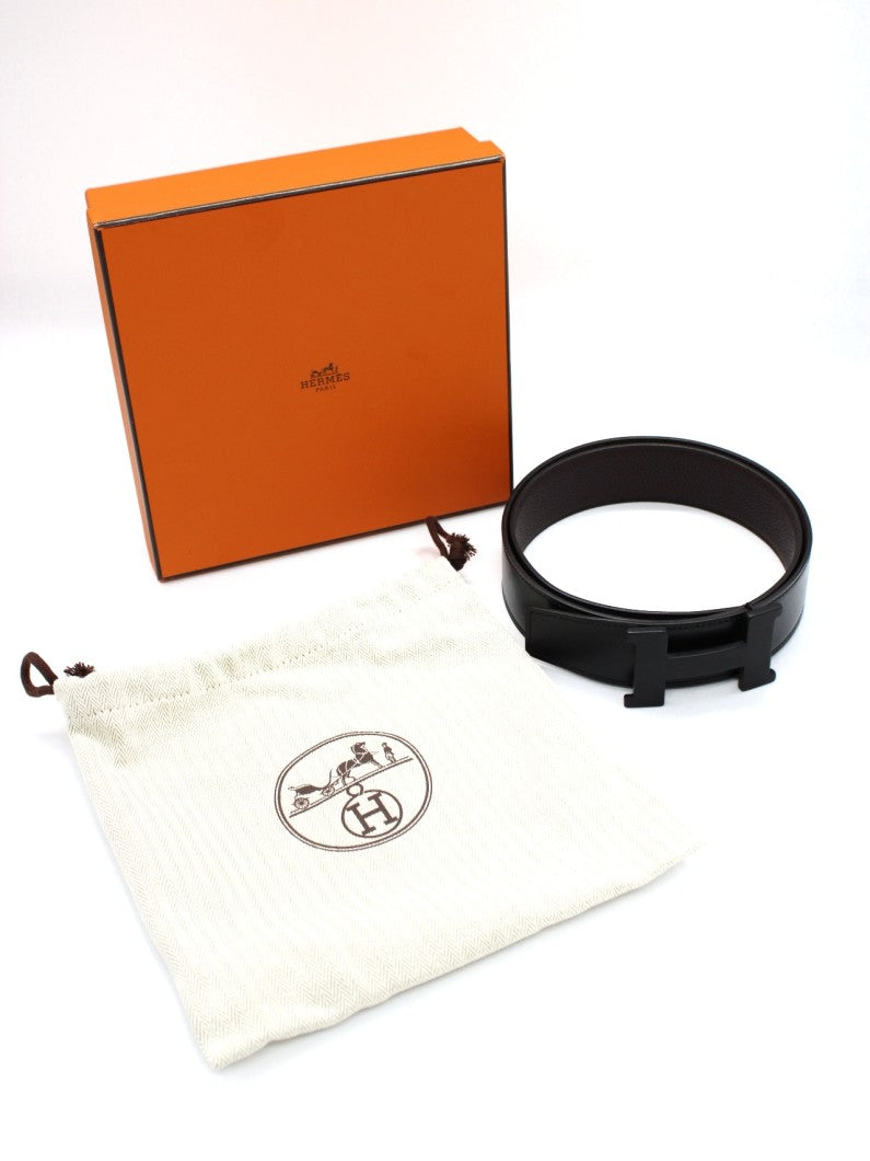 Cintura Hermes Double Pelle Nera Liscia E Pelle Testa Di Moro Martellata